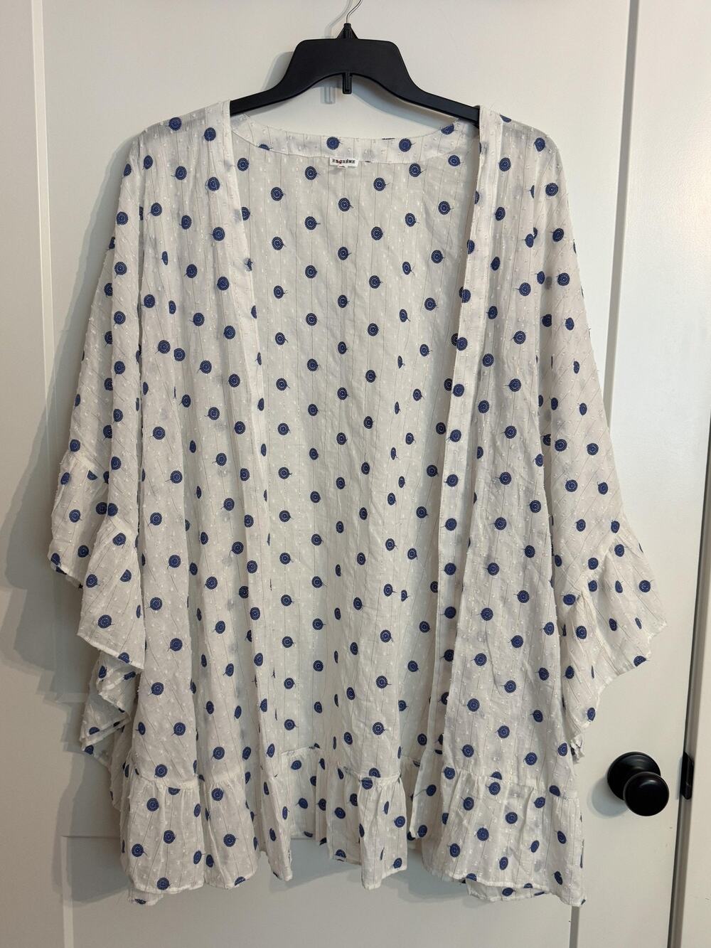 En Creme Kimono Blouse Sz S White Embroidered Polka Dot Ruffle Boho Cottage Art